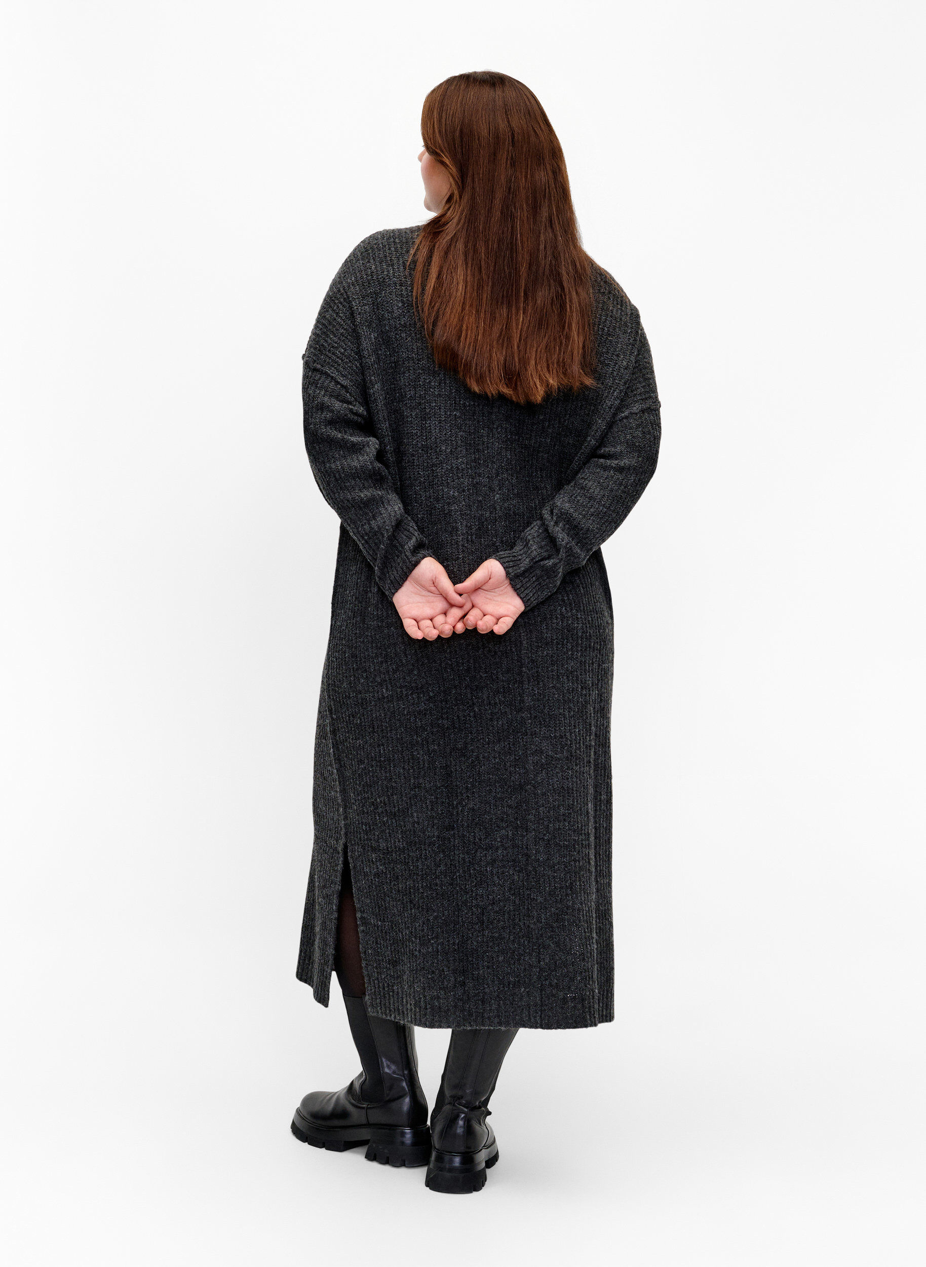 Zizzi Lange oversized gebreide jurk met split, Grijs, Model image number 1
