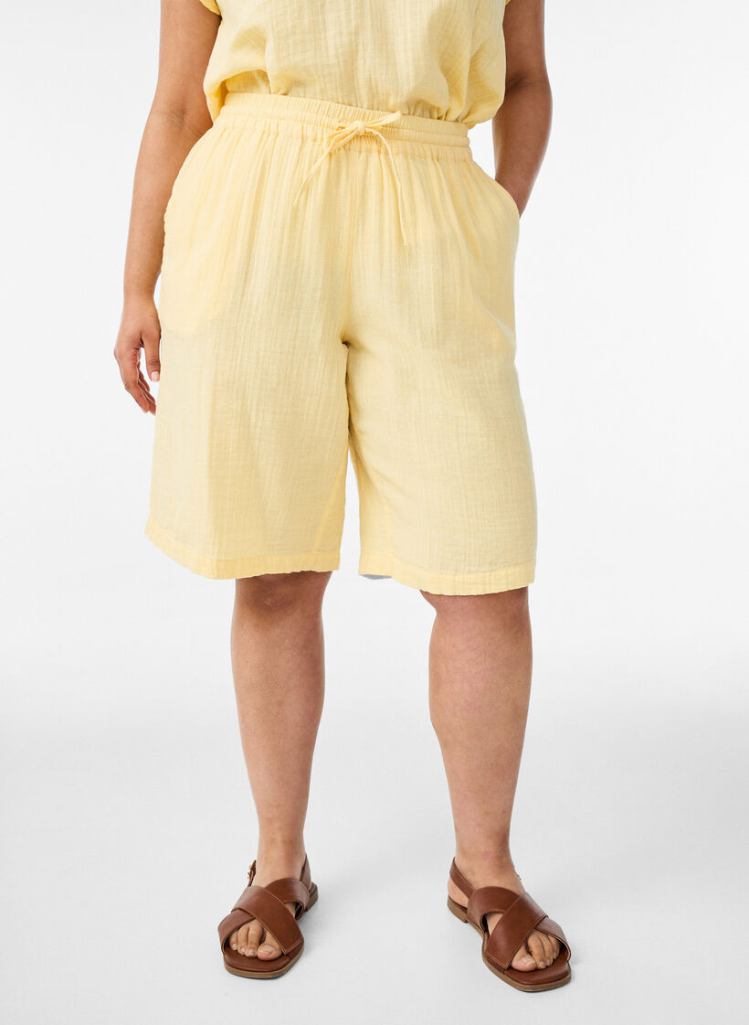 Los katoenen mousseline shorts met een hoge taille, Geel, Model image number 0