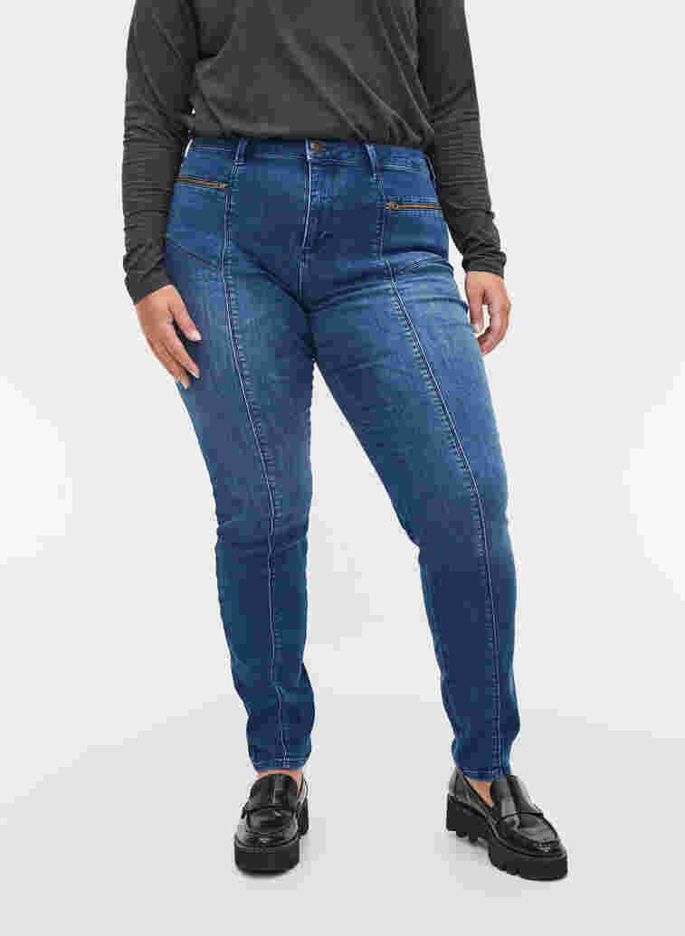 Dual core Amy jeans met hoge taille, Blue denim, Model image number 2