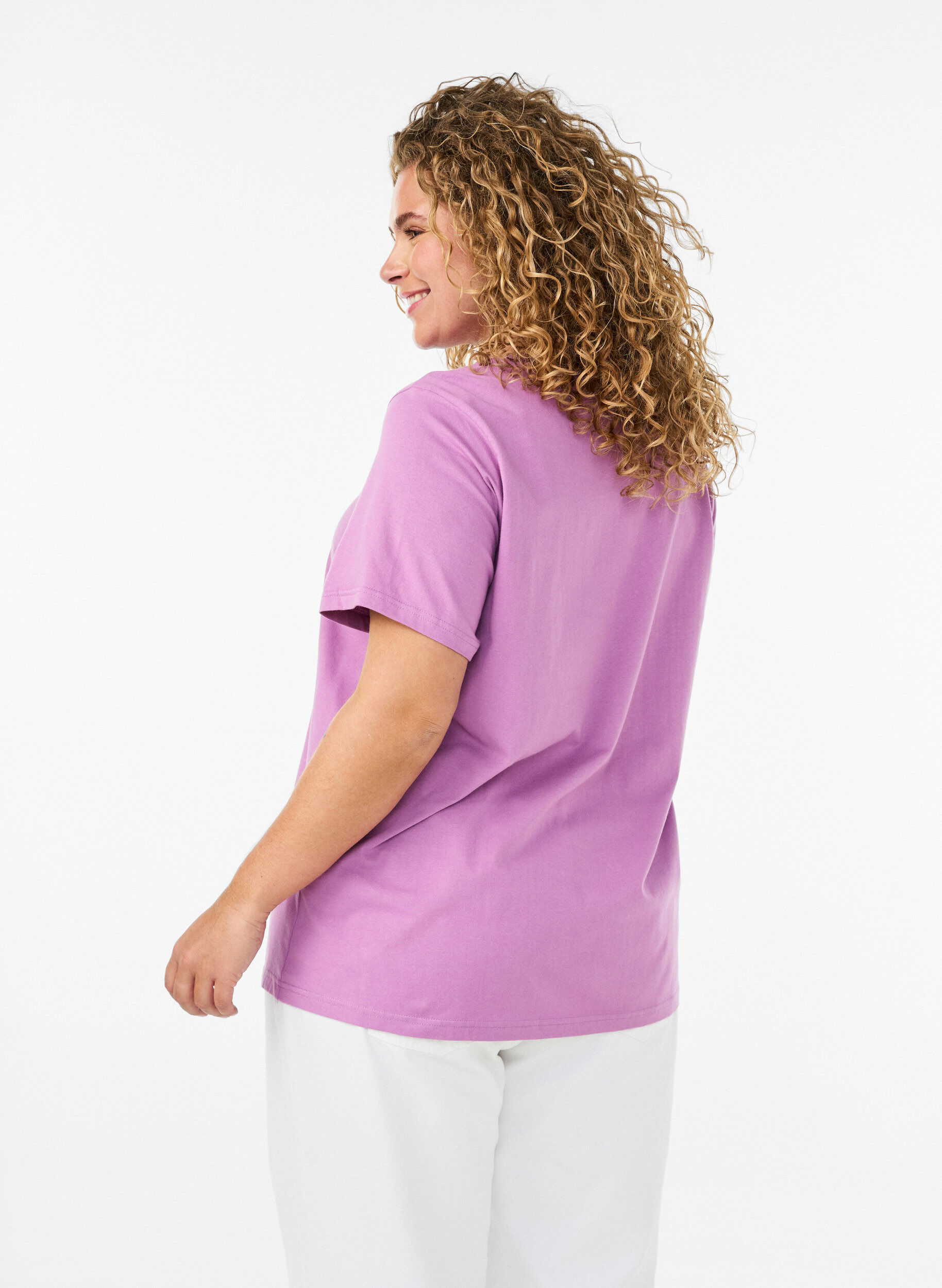 ZizziT-shirt van biologisch katoen met open broderie, Paars, Model image number 2