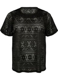 Broderie T-shirt met geborduurd kant, Zwart