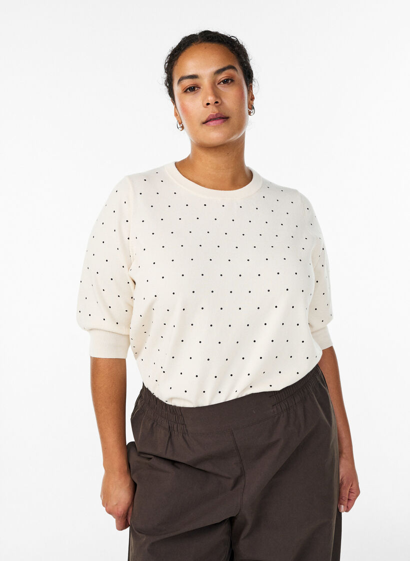 Gebreide top met stippenpatroon en korte mouwen, Wit, Model image number 0
