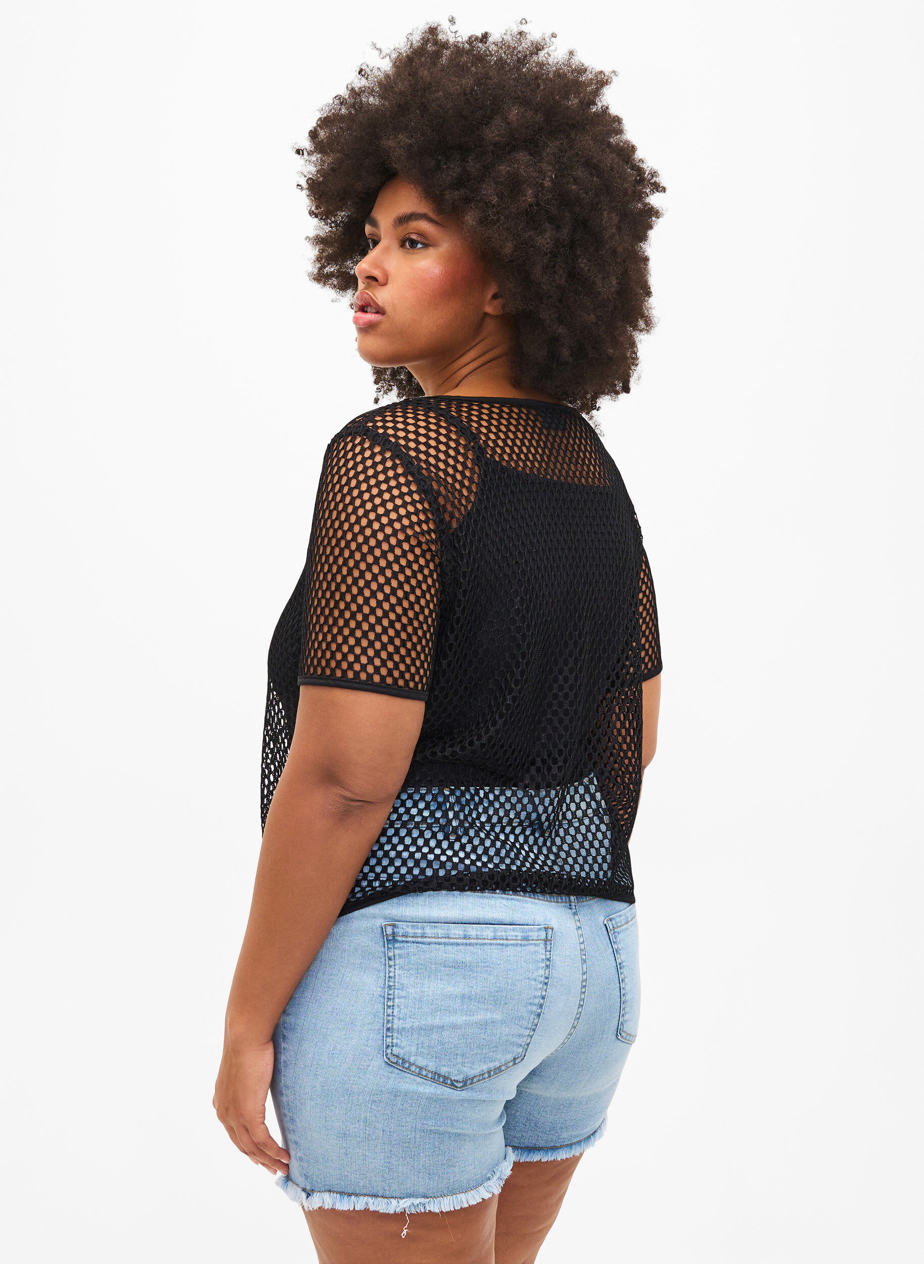 Zizzi Mesh blouse met korte mouwen, Black, Model image number 1