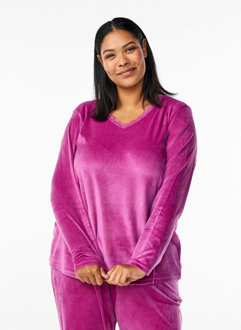 Velour blouse met V-hals, Boysenberry, Model image number 0