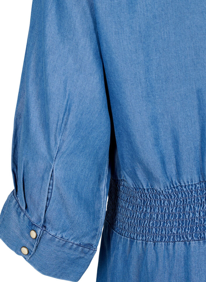 Zachte denim jurk met 3/4 mouwen en smock, Blue denim, Packshot image number 3
