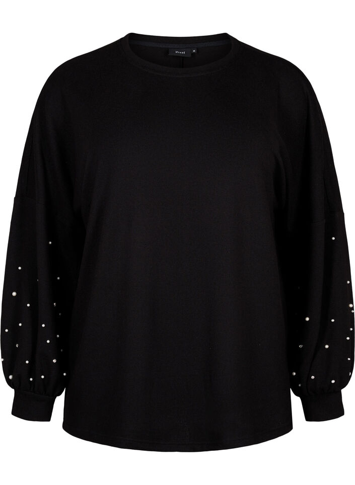 Solide gekleurde blouse met parels, Black, Packshot image number 0