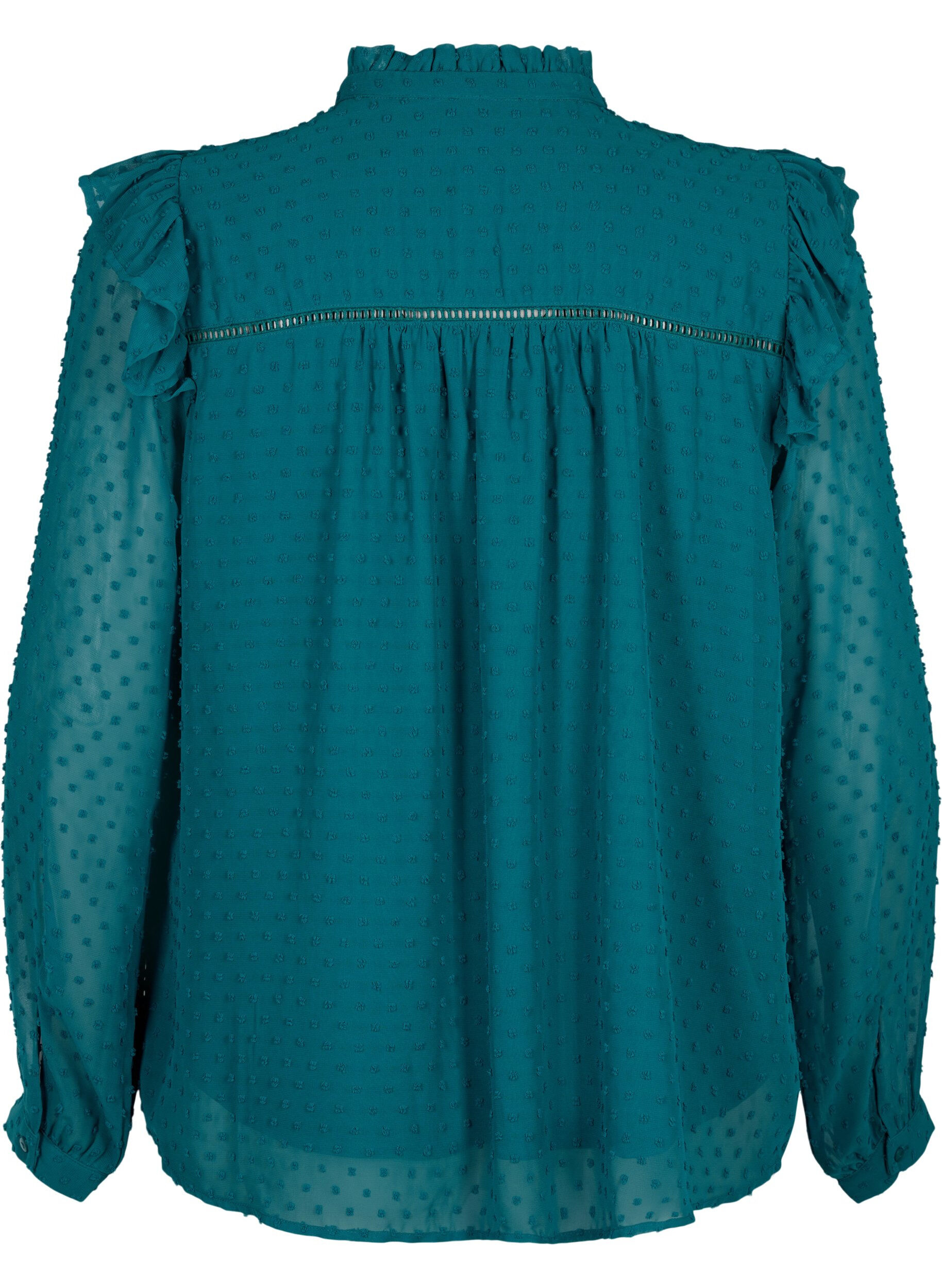 Zizzi T-shirtblouse met ruches en een gestippelde textuur, Shaded Spruce, Packshot image number 1