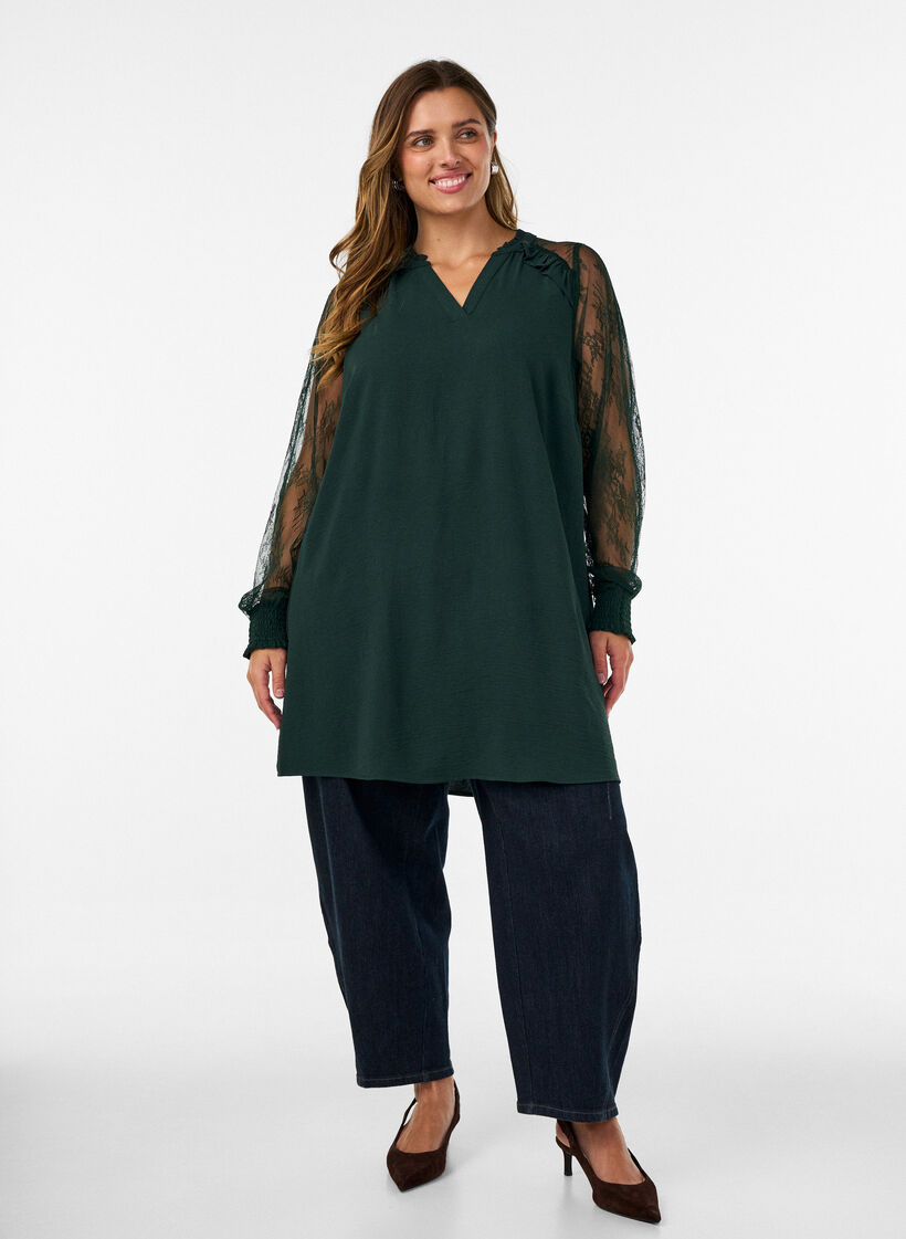 Tuniek met doorschijnende kanten mouwen, Groen, Model image number 1