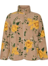 Floral fleecejack met een hoogsluitende kraag en ritssluiting, Beige