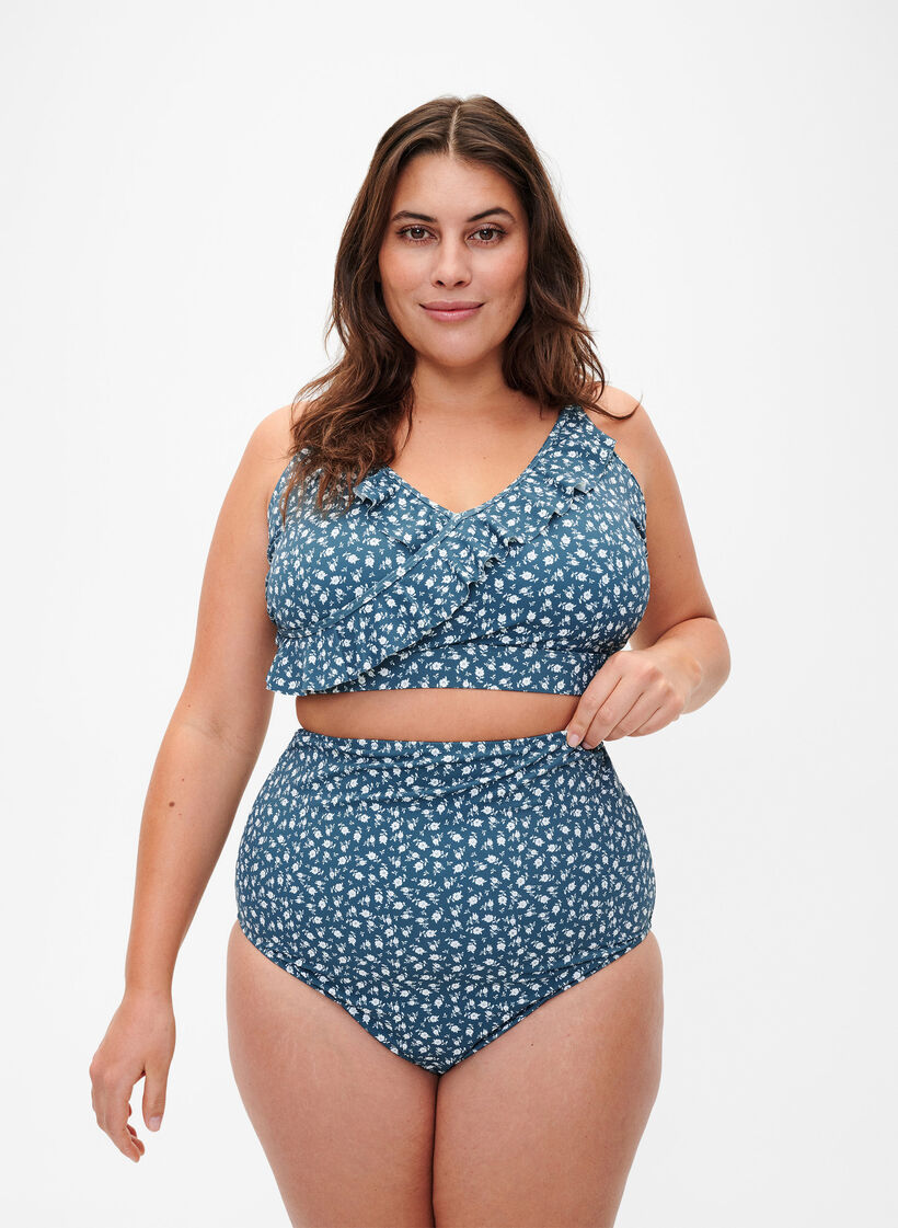 Bikinibroekje met extra hoge taille en bloemenprint, Blauw, Model image number 0