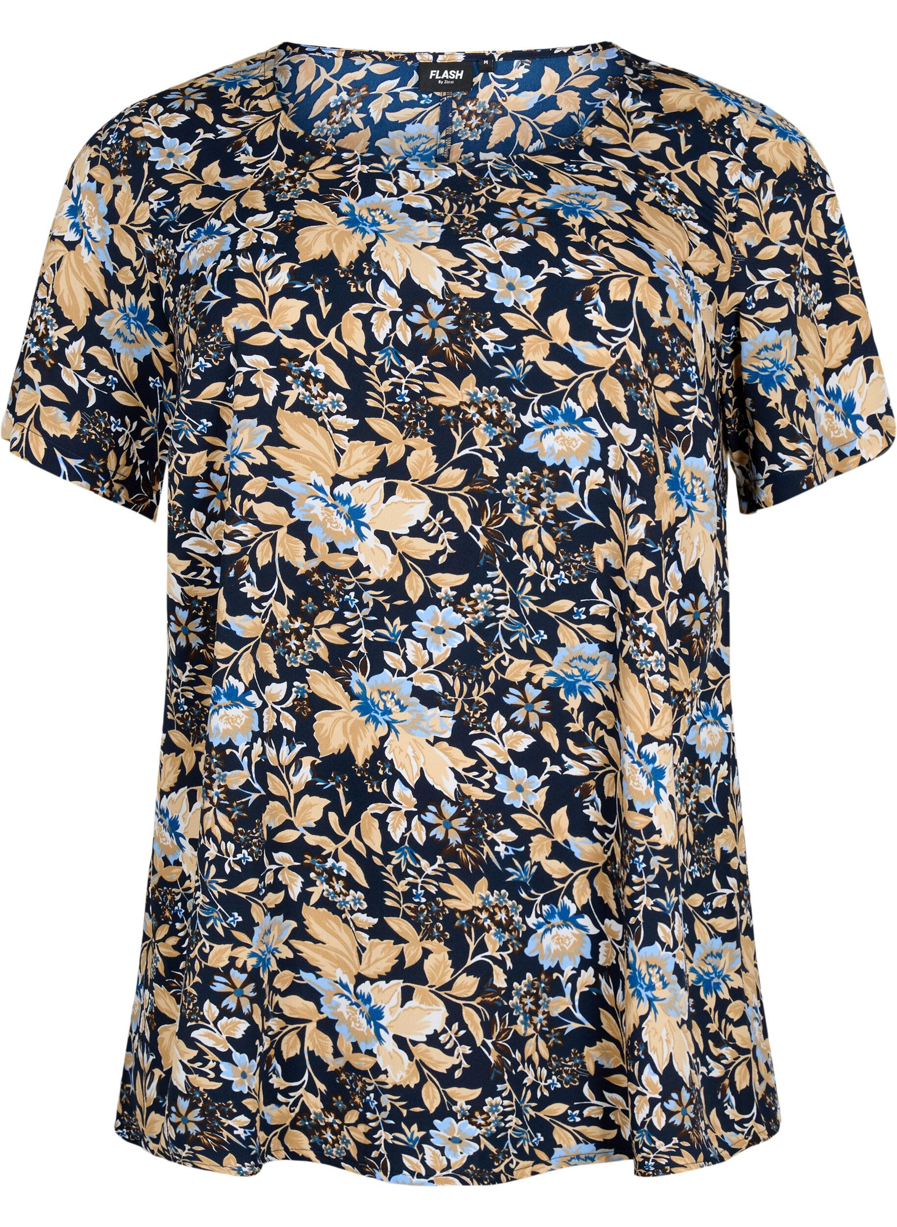 Zizzi 	 FLASH - Blouse met korte mouwen en print, Brown Blue Flower, Packshot image number 0