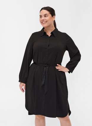 Blouse jurk met striksluiting en knopen, Black, Model image number 0