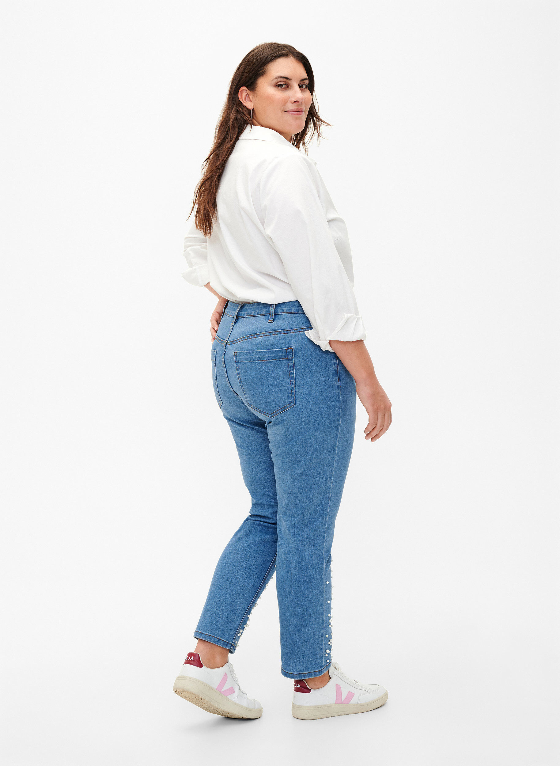 Zizzi Slim fit Emily jeans met parels, Light Blue, Model image number 1