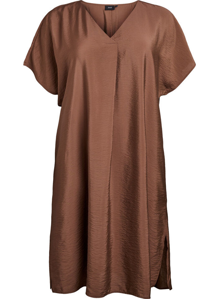 Jurk met V-hals van viscose, Bruin, Packshot image number 0