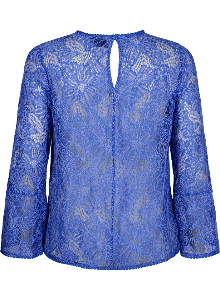 Kanten blouse met ronde hals en lange mouwen, Blauw, Packshot image number 1