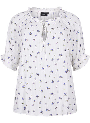 Gebloemde viscose blouse met halflange mouwen, Bright White Flower, Packshot image number 0