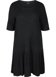 Geribbelde jurk met halflange mouwen, Black