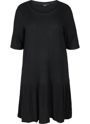 Geribbelde jurk met halflange mouwen, Black, Packshot image number 0