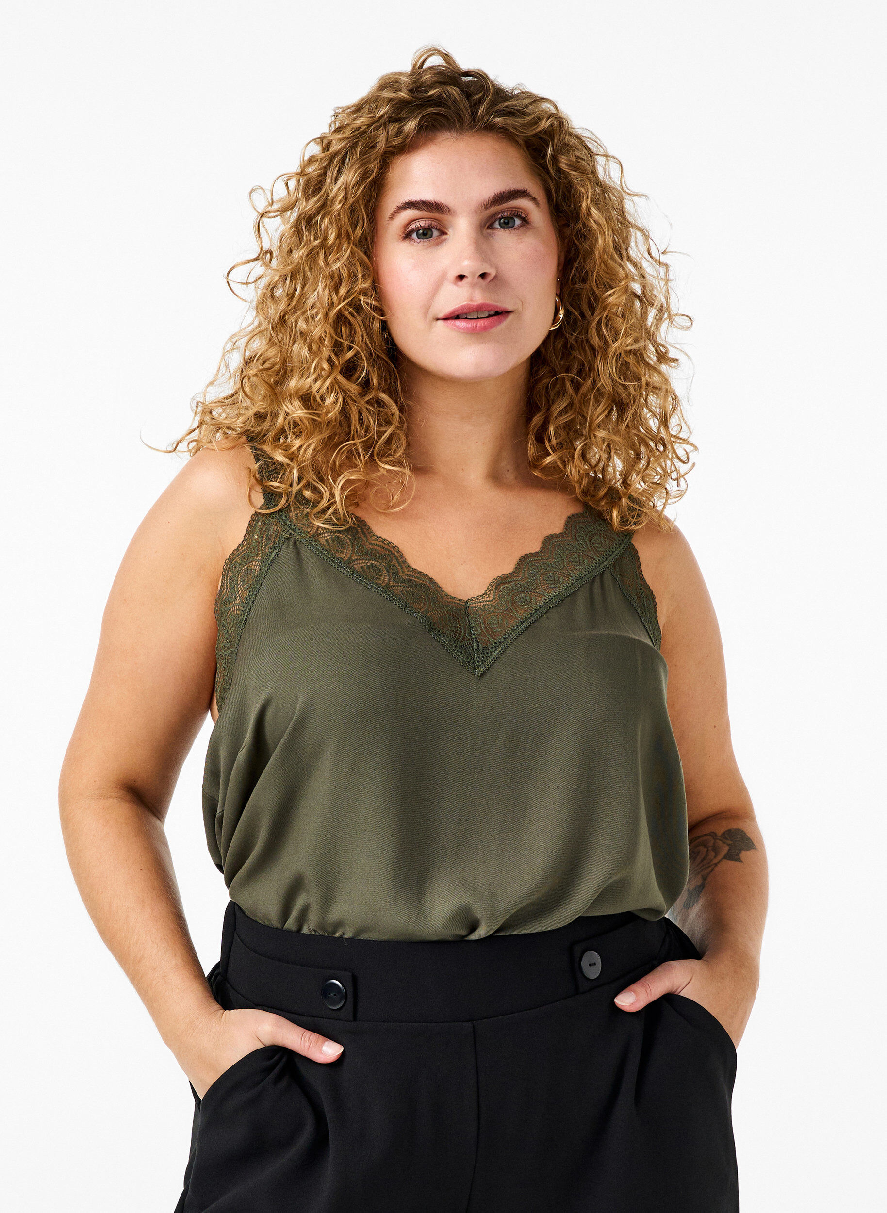 Zizzi Kanten topje van viscose, Thyme, Model image number 0