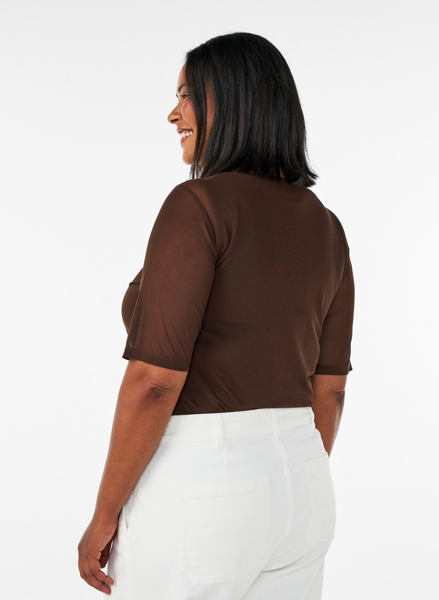 ZizziMesh top met korte mouwen en ronde hals, Bruin, Model image number 2