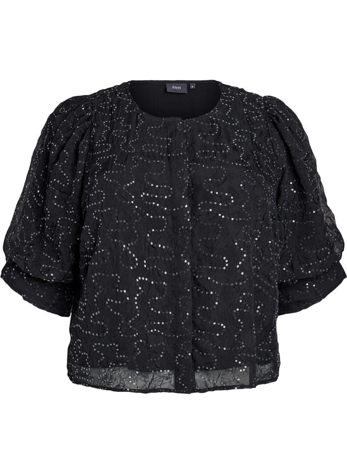 Feestelijke blouse met pailletten en halflange mouwen, Zwart, Packshot image number 0