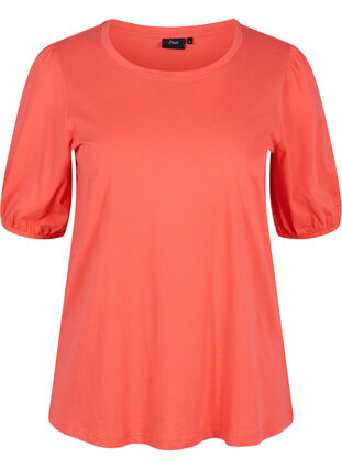 Katoenen t-shirt met elleboogmouwen, Hot Coral, Packshot image number 0