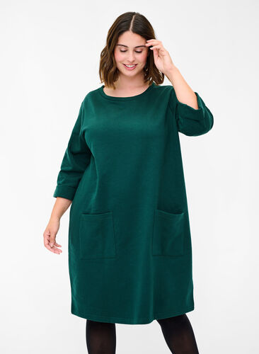 Sweat jurk met 3/4 mouwen en zakken, Ponderosa Pine, Model image number 0