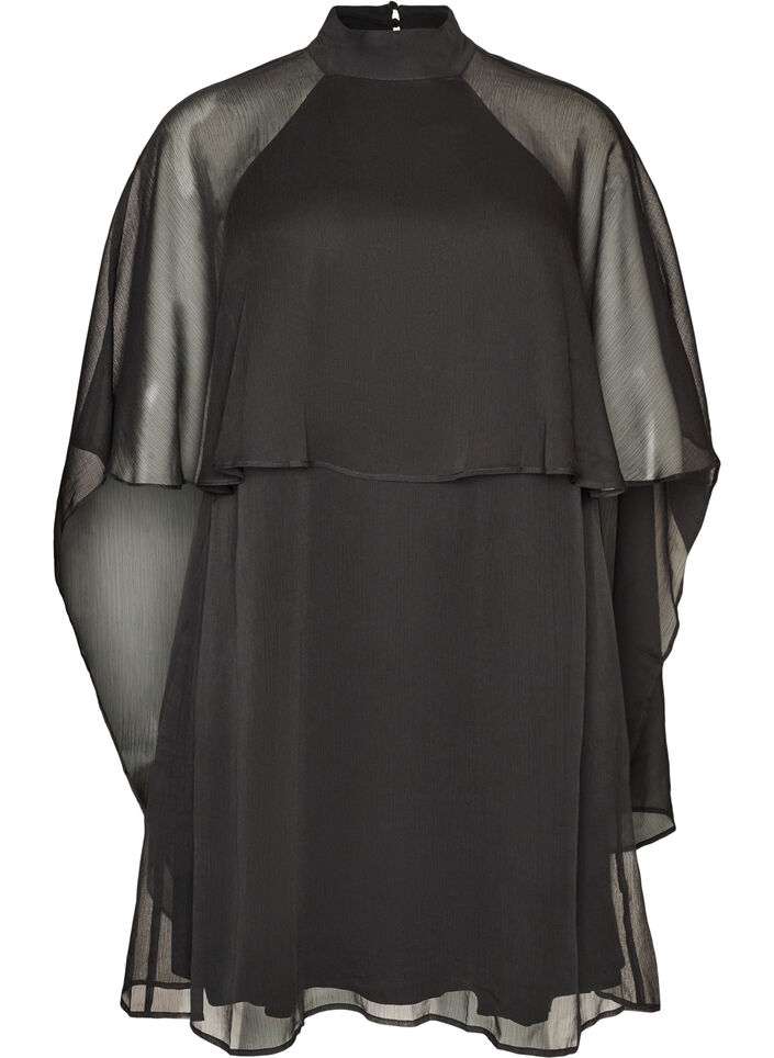 Chiffon jurk tot op de knie met doorschijnende cape, Zwart, Packshot image number 0