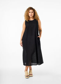 Mouwloze jurk van katoenmix met linnen, Black, Model