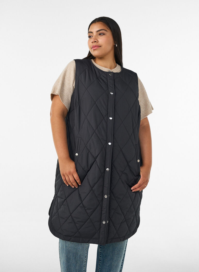Lange gewatteerde gilet met drukknoopsluiting, Zwart, Model image number 0
