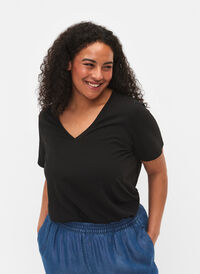 T-shirt met korte mouwen en v-hals, Black, Model