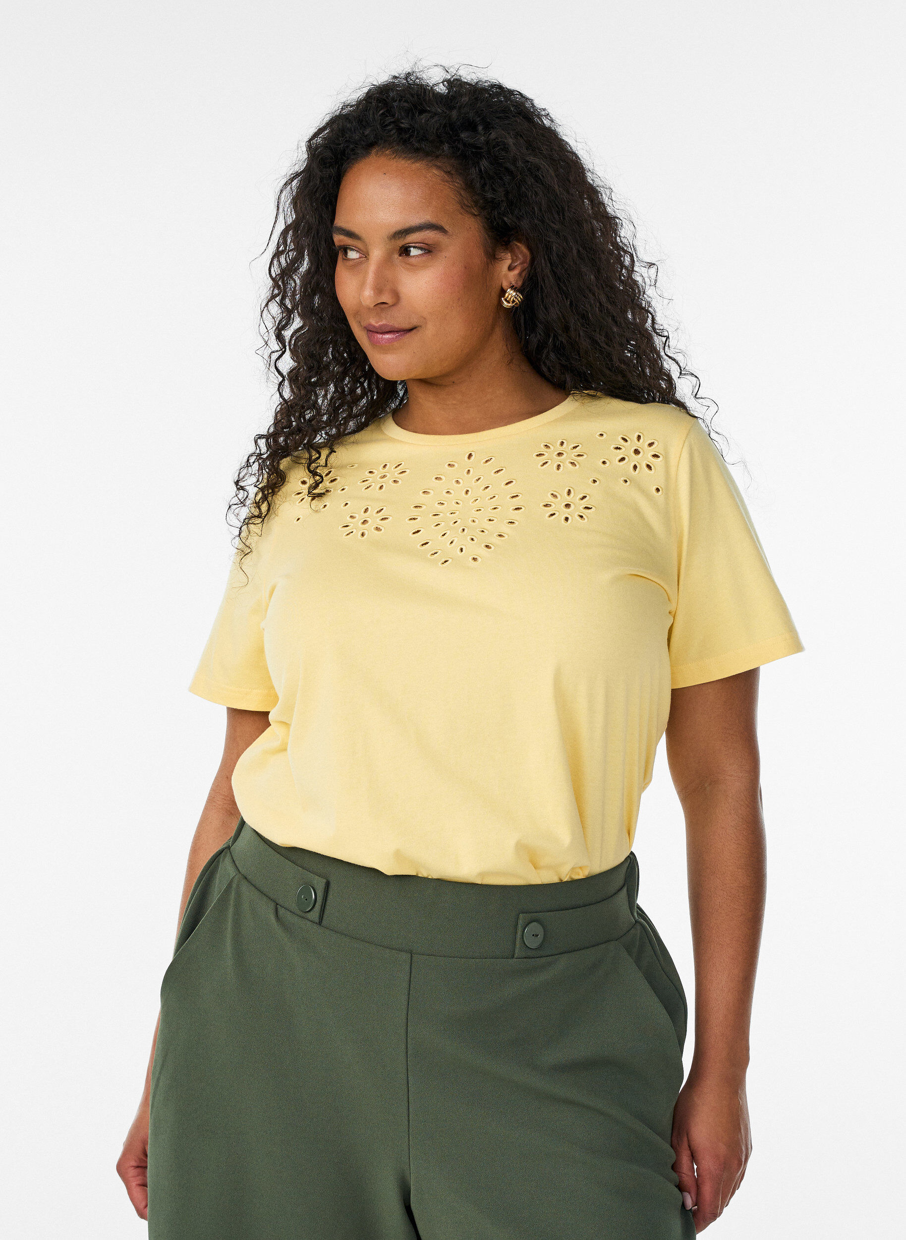 ZizziT-shirt van biologisch katoen met open broderie, Geel, Model image number 0