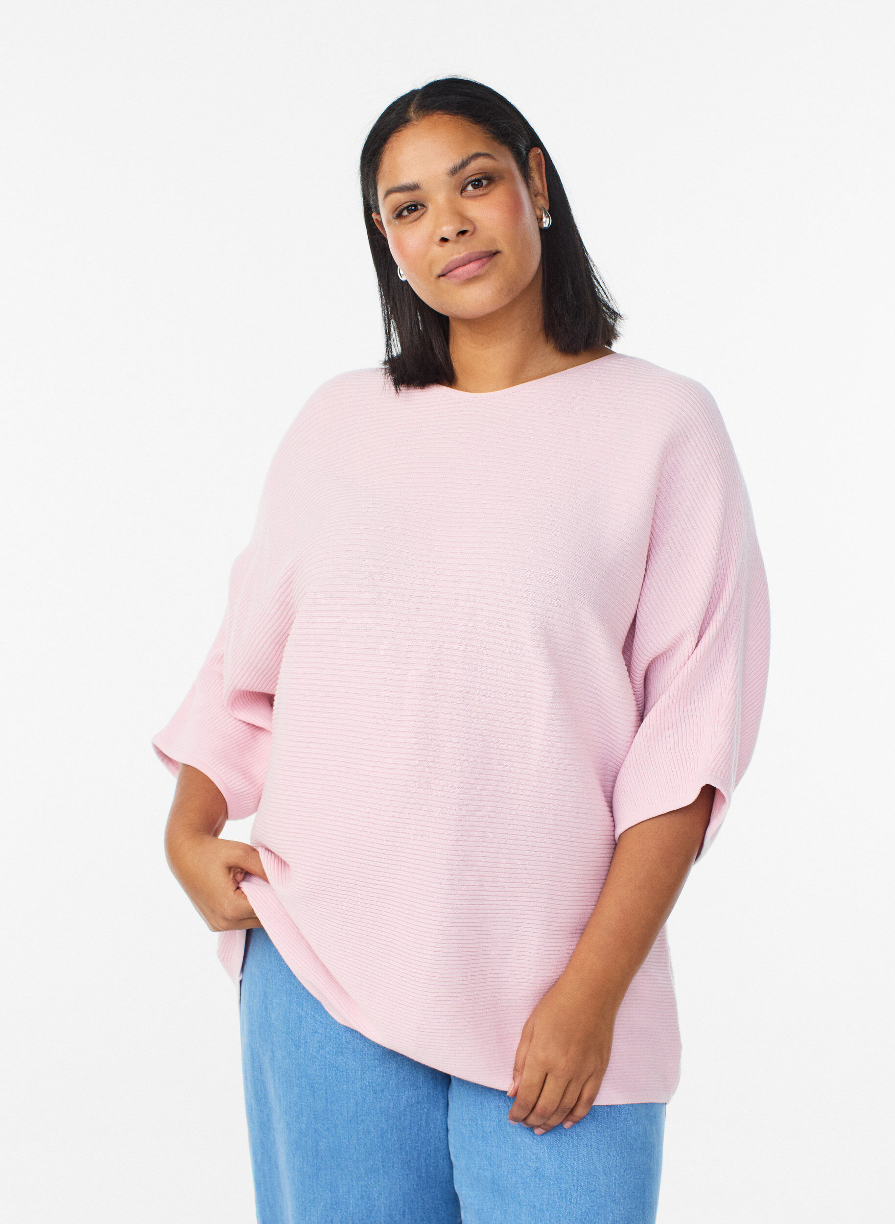 Zizzi Gebreide top met boothals en 1/2 mouwen, Roze, Model image number 0