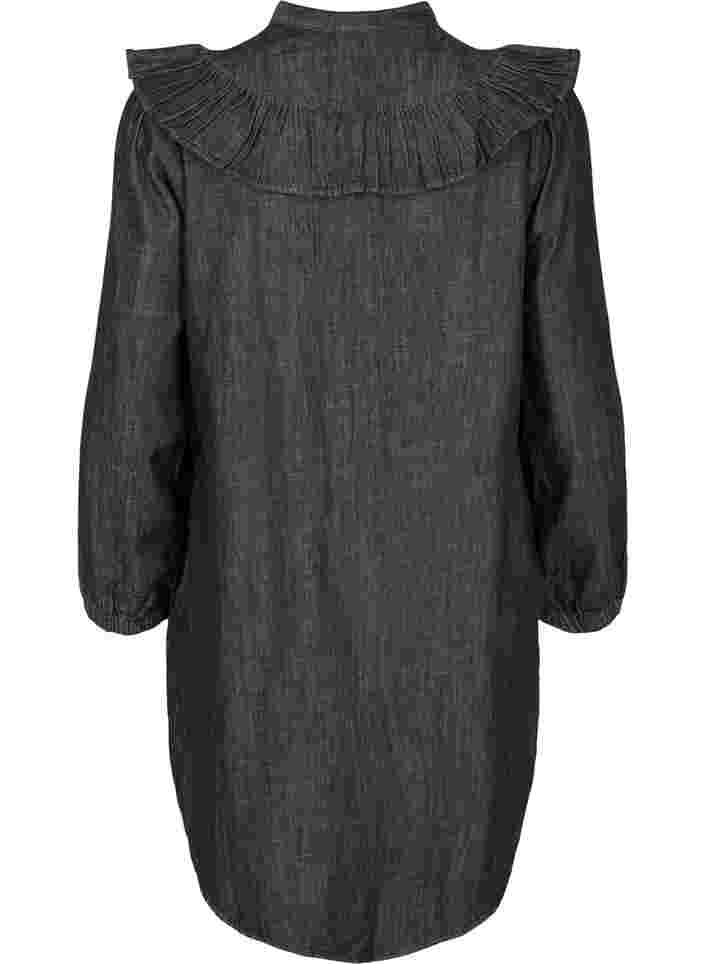 Denim jurk met imitatie knopen en ruches, Black Washed, Packshot image number 1