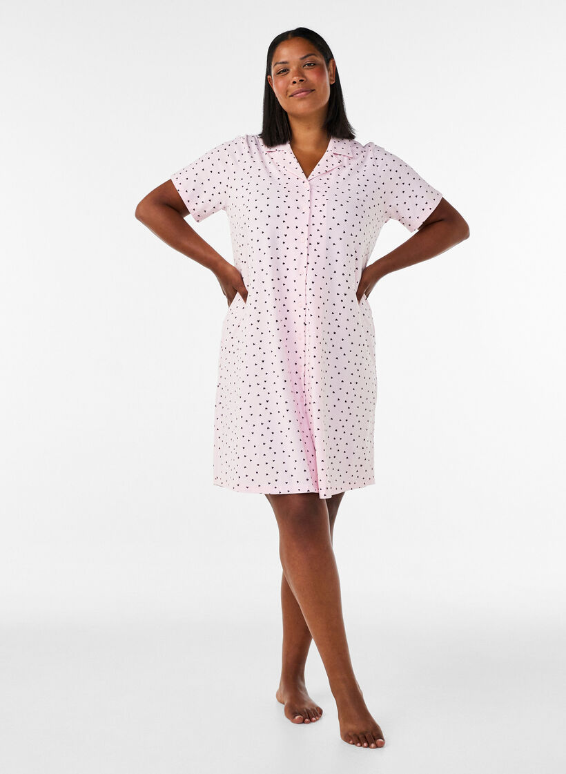Katoenen nachtjapon met knoopsluiting, Roze, Model image number 1