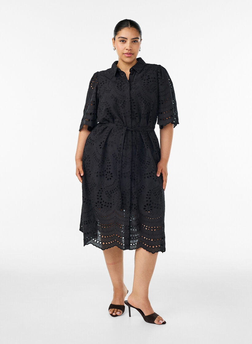Blousejurk in broderie anglaise met strikceintuur, Zwart, Model image number 1