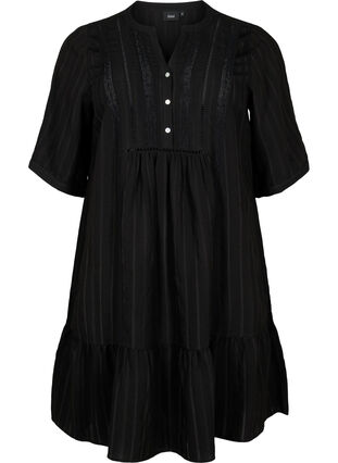 Gestreepte viscose jurk met kanten lint, Black, Packshot image number 0