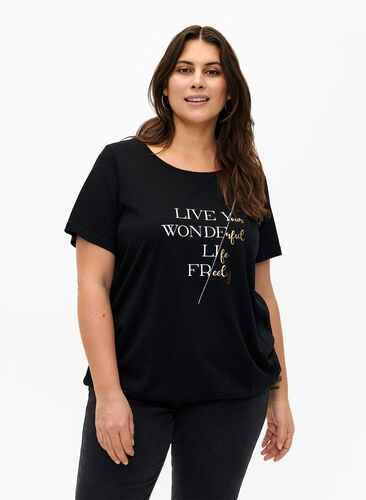 Katoenen t-shirt met korte mouwen en elastische rand, Black w. Live, Model image number 0