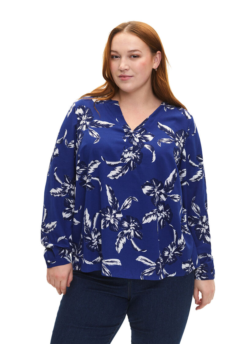 FLASH - Blouse met lange mouwen en print, Navy Blazer Flower, Model image number 0