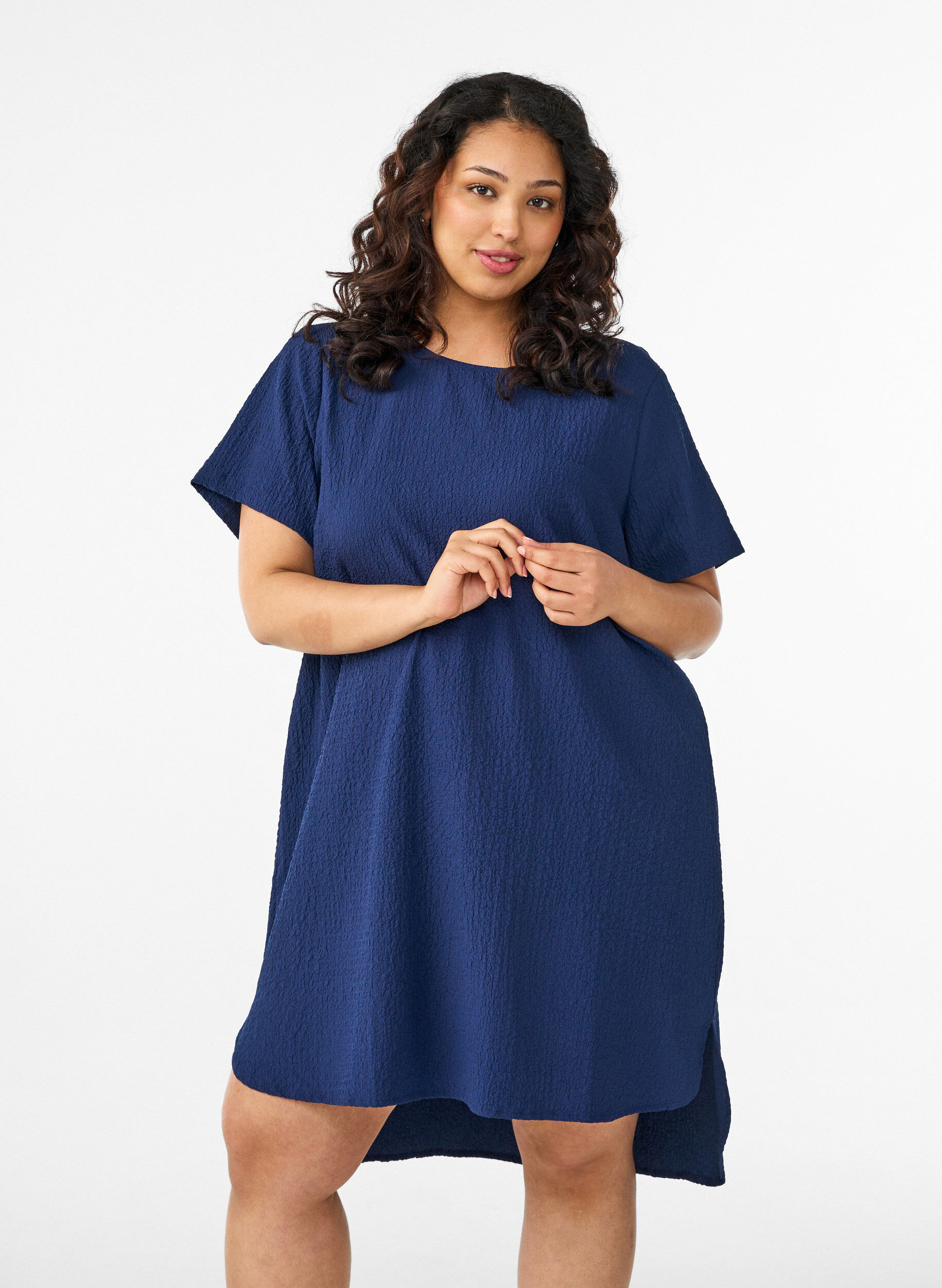 ZizziKorte jurk met een gekreukte textuur en korte mouwen, Blauw, Model image number 0