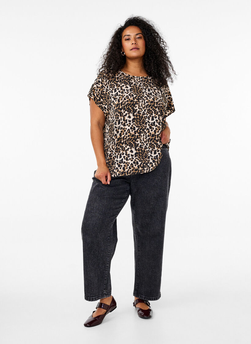 Blouse met korte mouwen en luipaardprint, Leopard AOP, Model image number 2