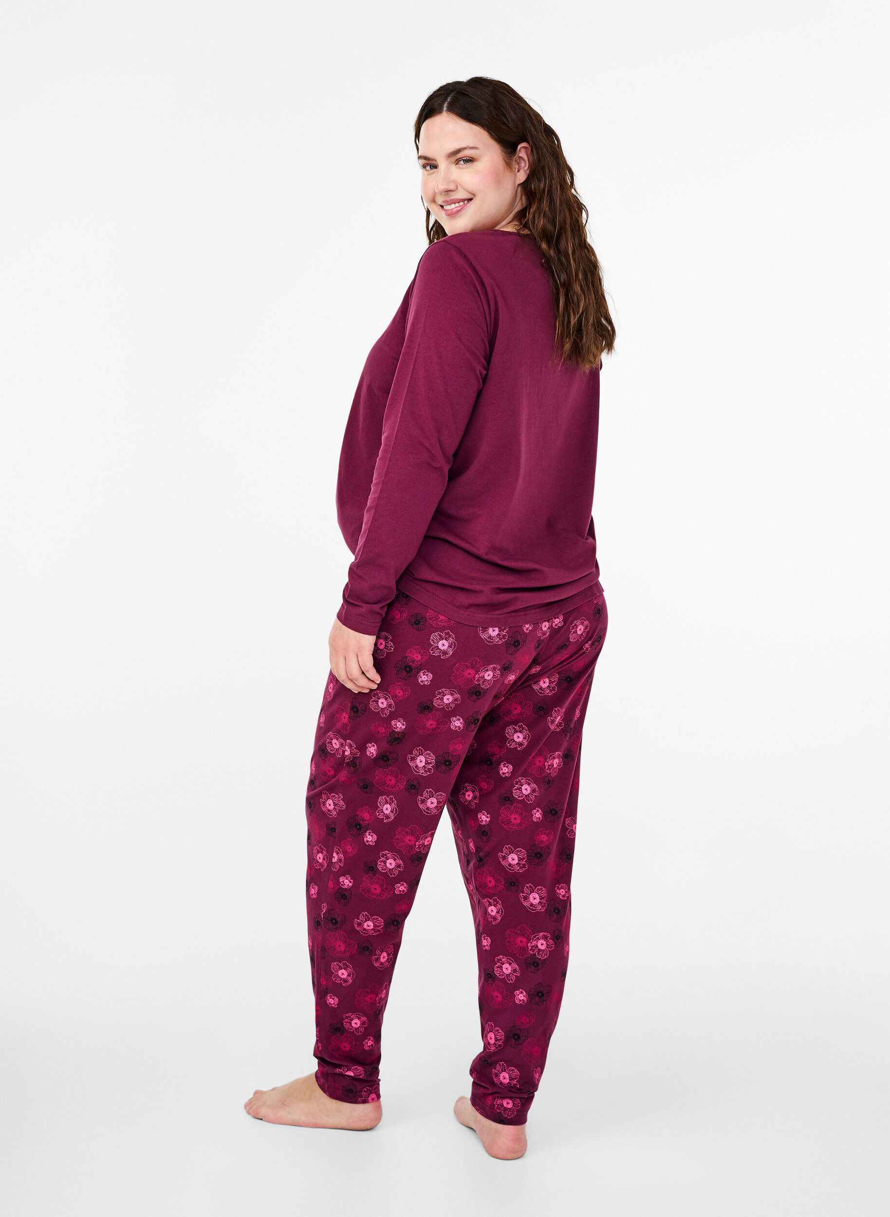 Zizzi Kleren pyjama broek met print, Donker Bordeaux, Model image number 1