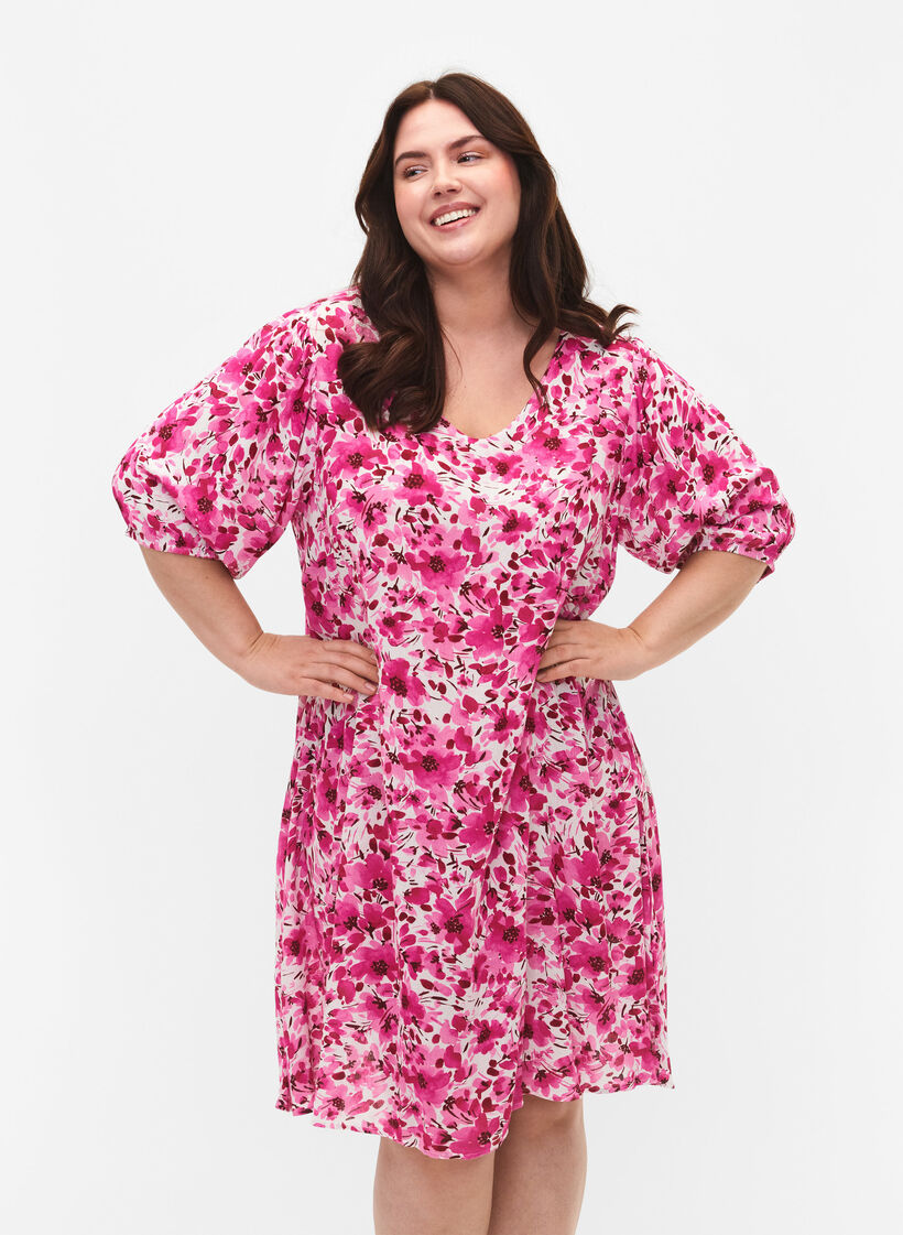 Gebloemde viscose jurk met a-vorm, Pink Flower Rain, Model image number 0