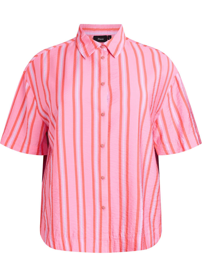 Gestreepte viscose shirt met korte mouwen, Roze, Packshot image number 0