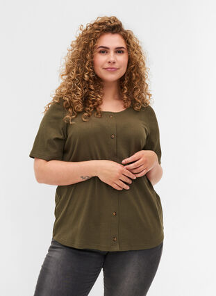 T-shirt met korte mouwen en knopen, Ivy Green , Model image number 0