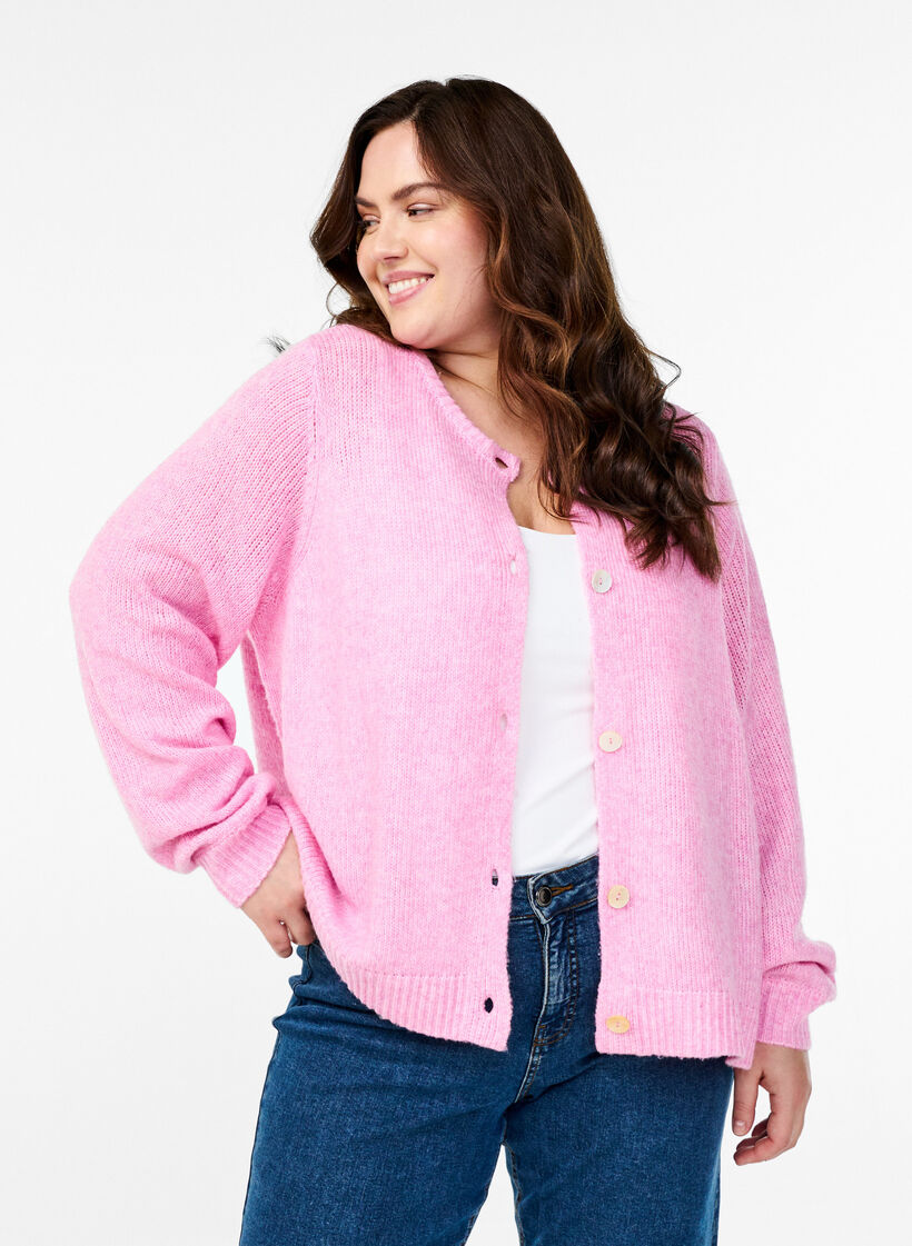 Gebreide cardigan met wol en knoopsluiting, Begonia Pink Mel., Model image number 0