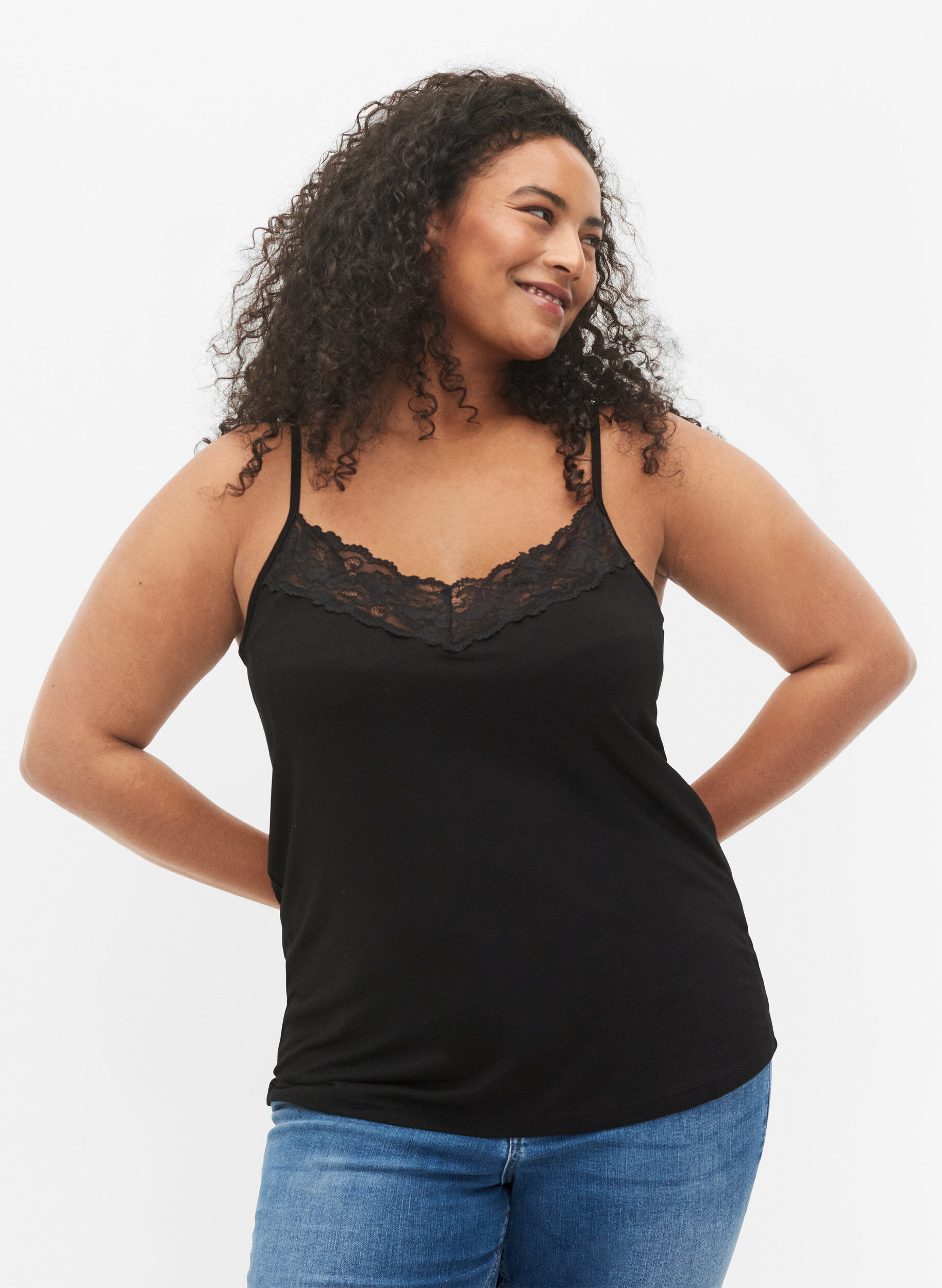 Zizzi 2-pack viscose top met kant details, Zwart, Model image number 0