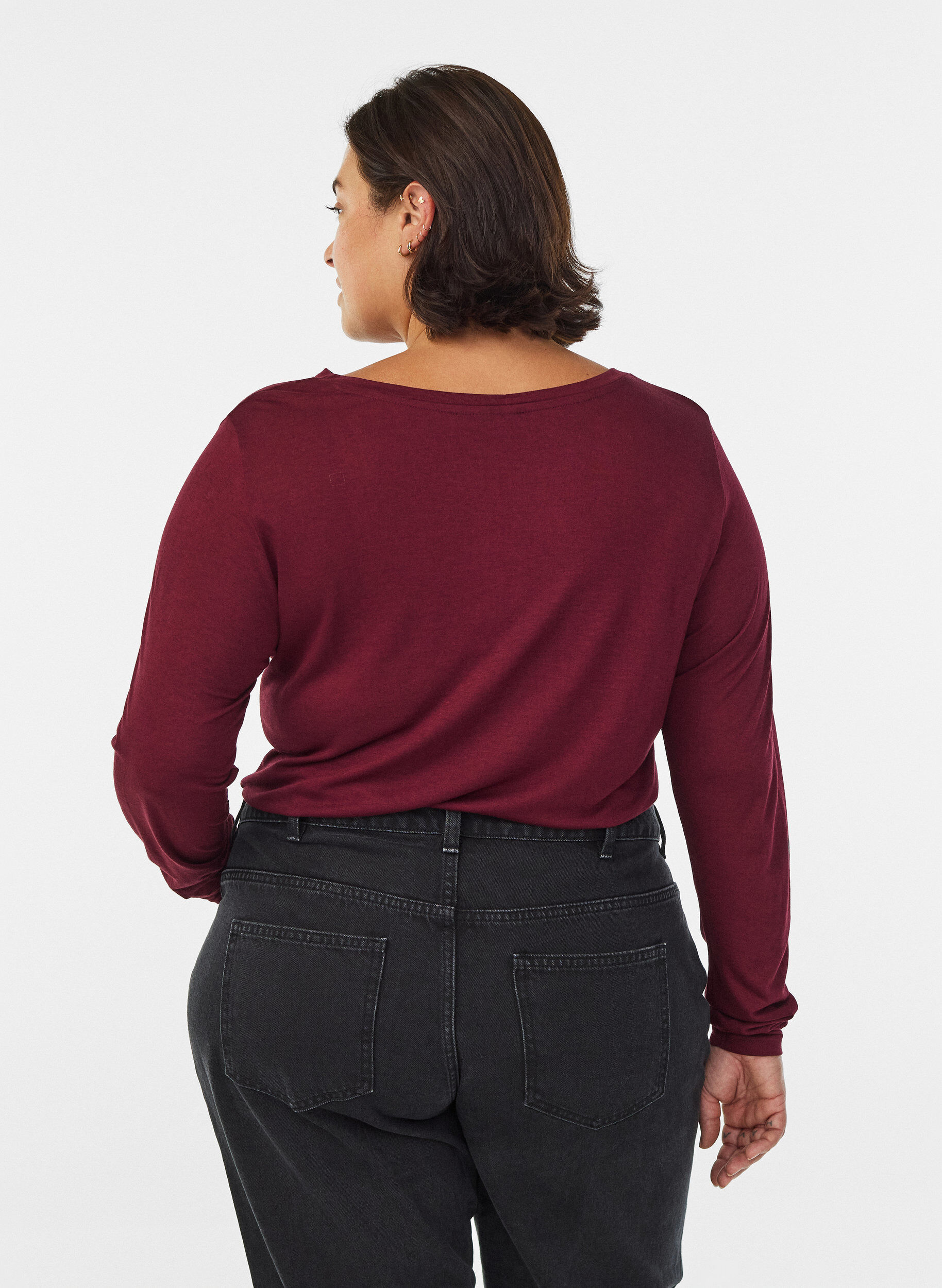 ZizziBlouse met lange mouwen van wol en viscose, Donker Bordeaux, Model image number 2
