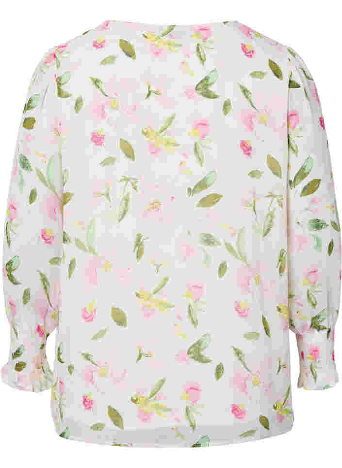 Bloemenblouse met lange mouwen en v-hals, White/Pink Flower, Packshot image number 1