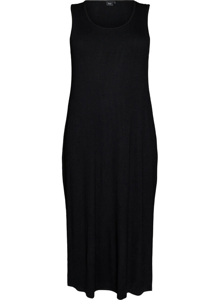 Mouwloze ribjurk van viscose, Zwart, Packshot image number 0